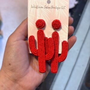 Red Beaded Cactus Earrings